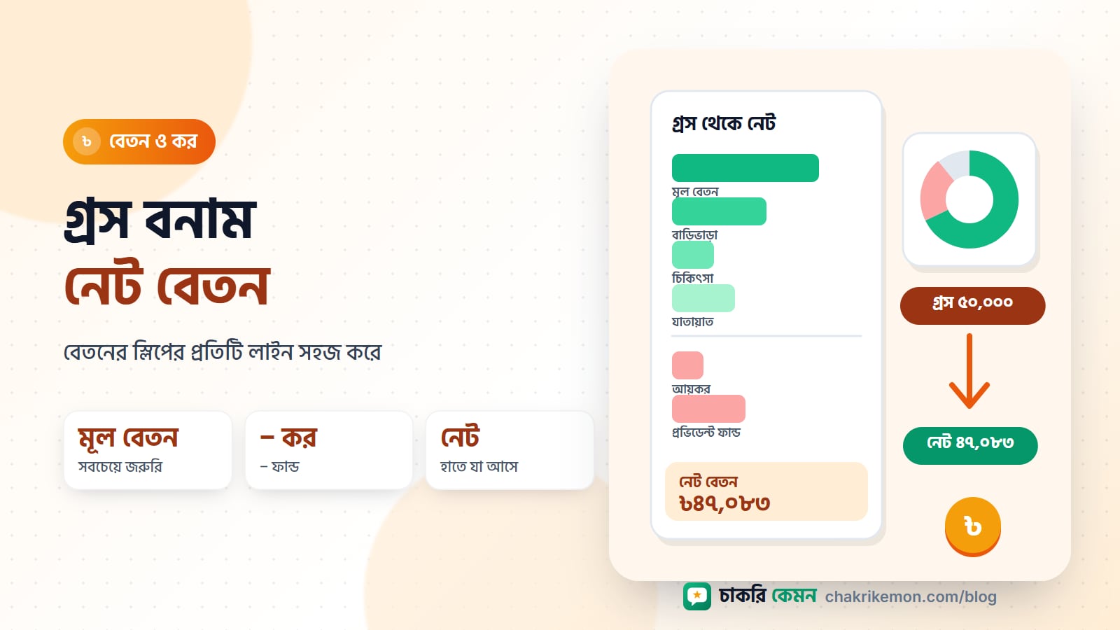 একটি বেতনের স্লিপ, যেখানে মূল বেতন, ভাতা, আয়কর ও প্রভিডেন্ট ফান্ডের কাটা আর নেট বেতন আলাদা রঙে চিহ্নিত